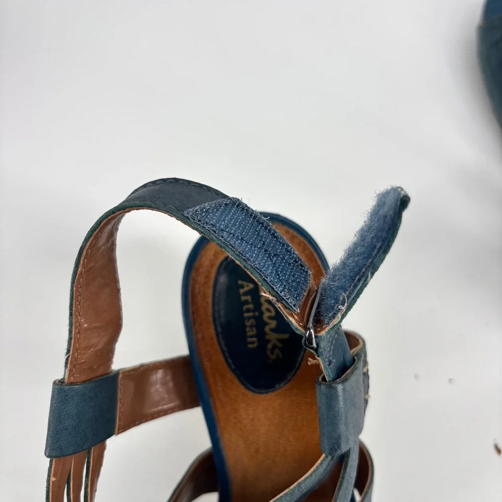Clarks Artisan Kyna Womens Blue Leather Strappy Espadrille Wedge Sandal 7.5 Boho